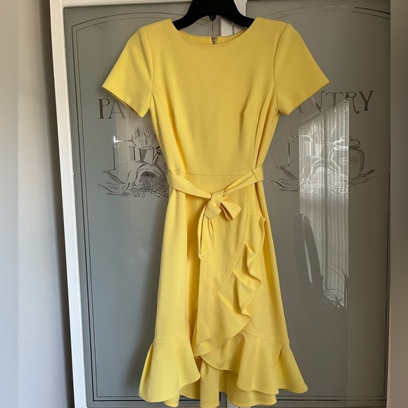 Calvin Klein Women's Yellow Ruffled Tulip-hem Short Sleeve Back Zip Crepe Dress - Picture 6 of 15